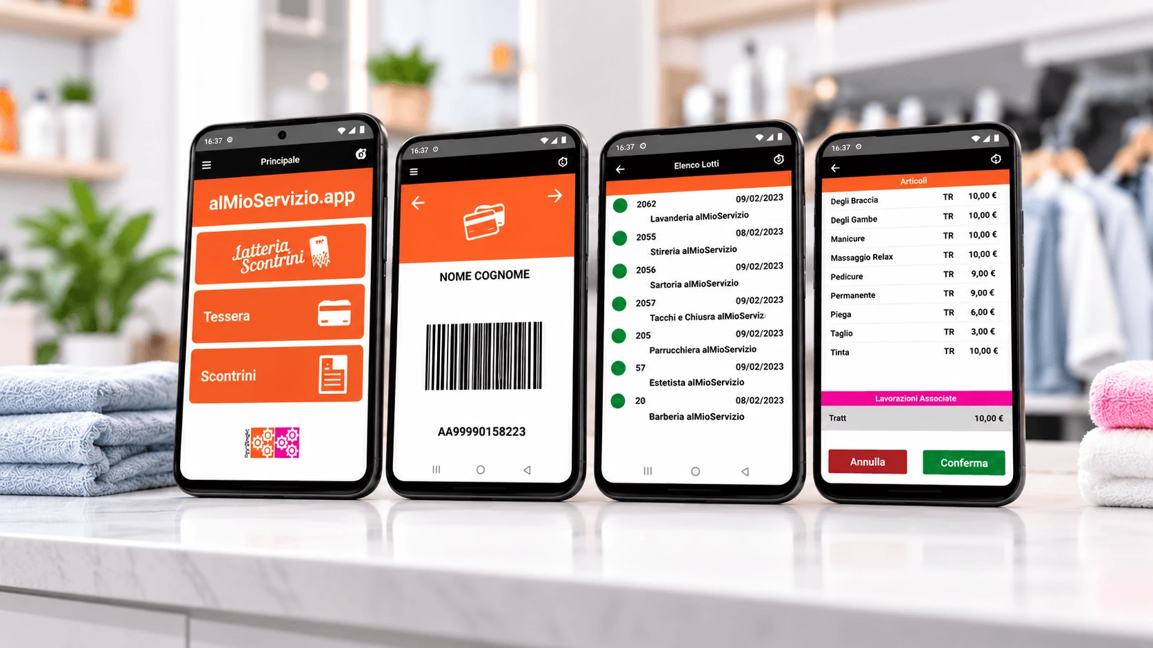 Schermate dell’app alMioServizio su quattro smartphone.
