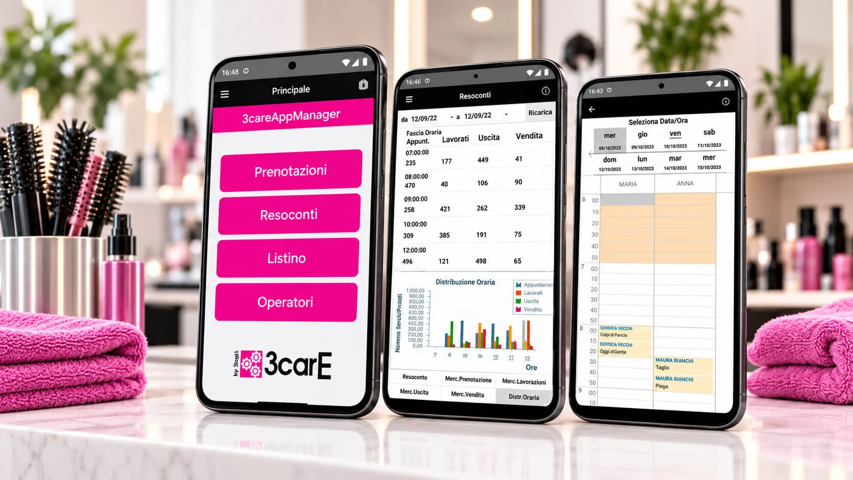 Tre schermate dell’app 3care AppManager su smartphone.