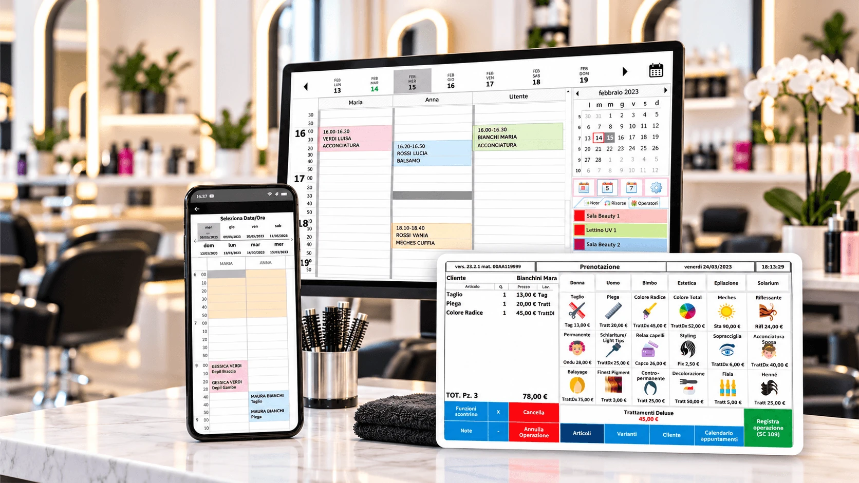 Planning degli appuntamenti mostrato su monitor e smartphone.
