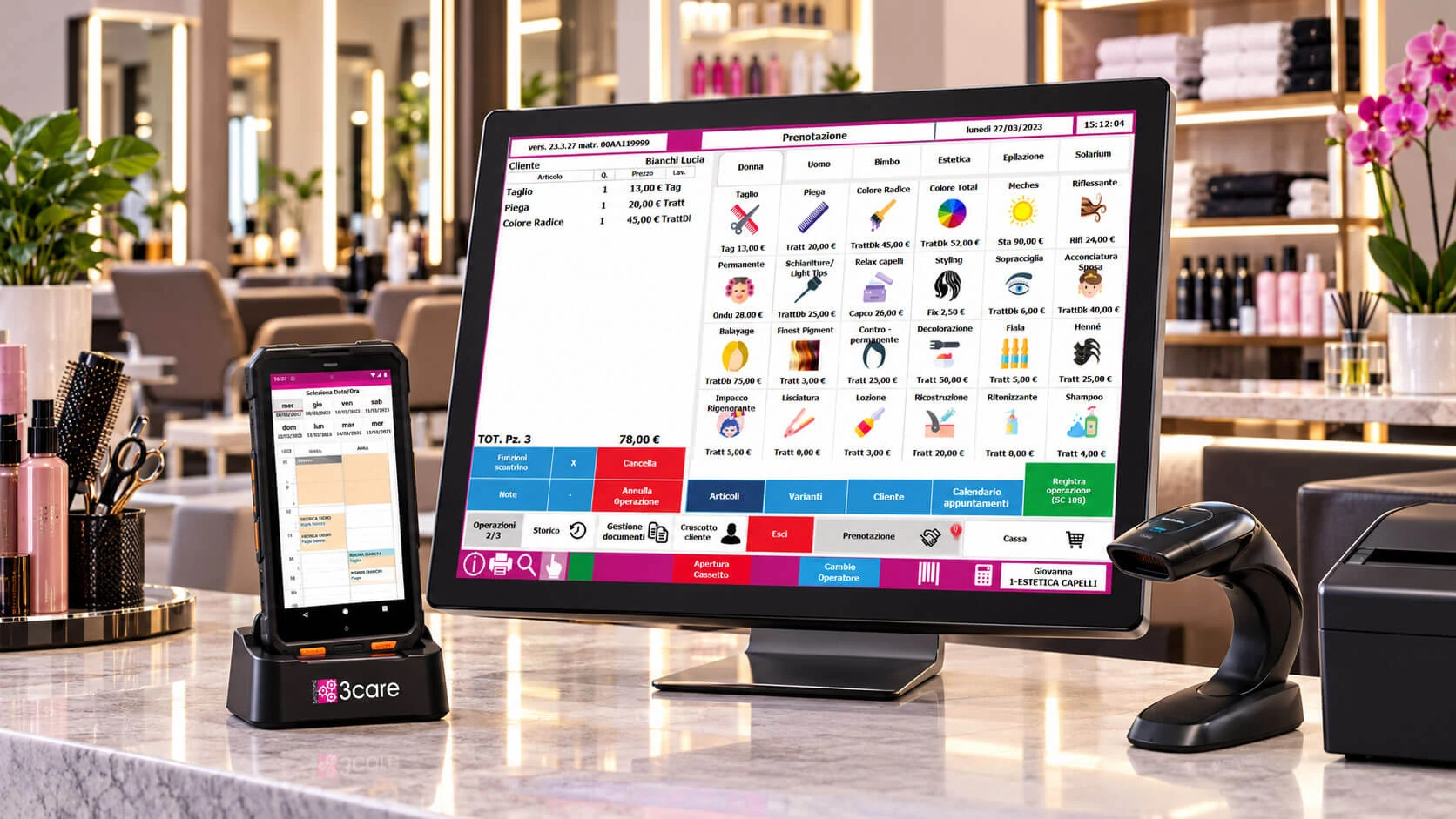 Postazione gestionale con schermo touch, terminale, scanner e stampante.