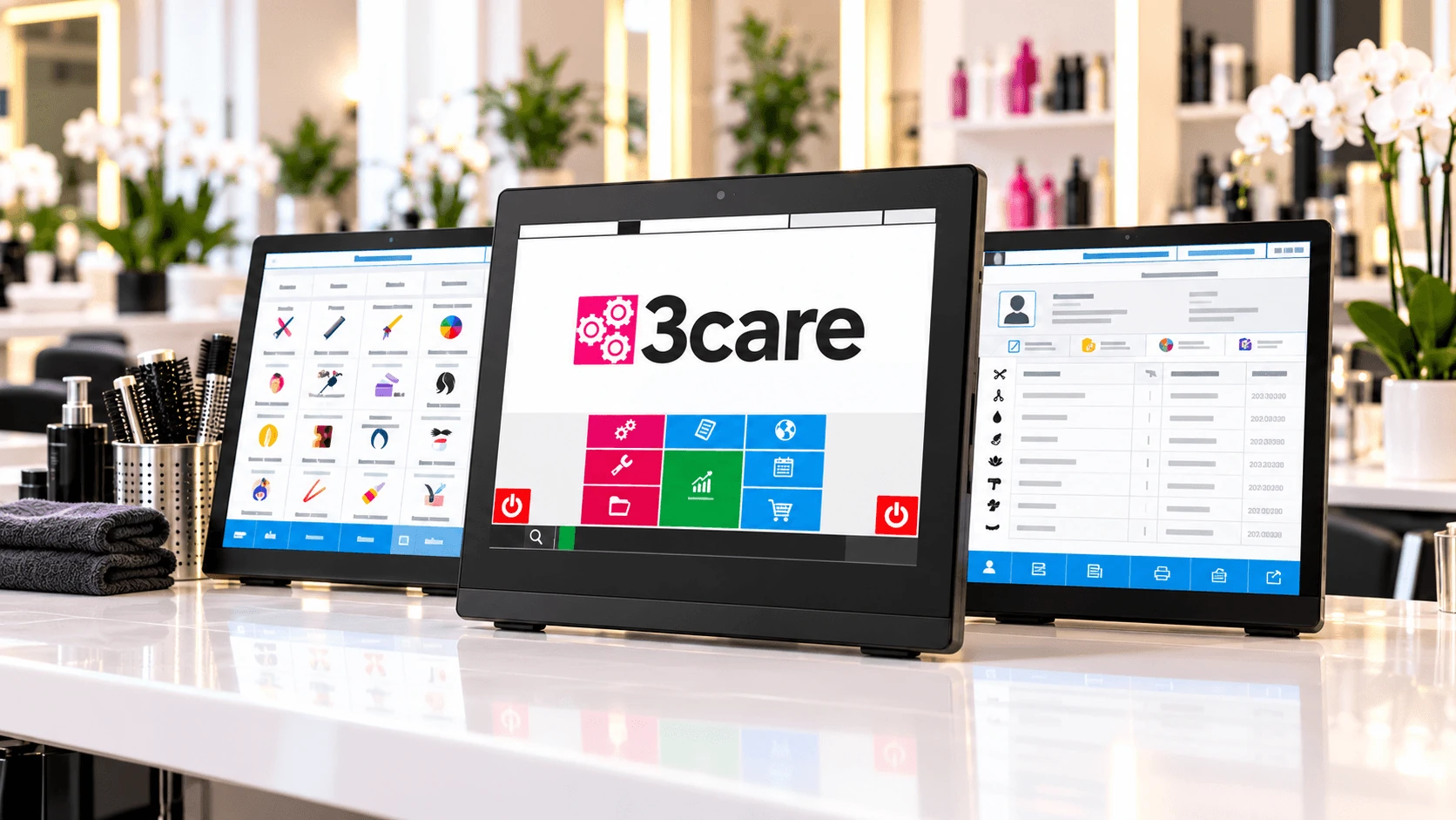 Schermate del gestionale su tre monitor alla reception di un salone.