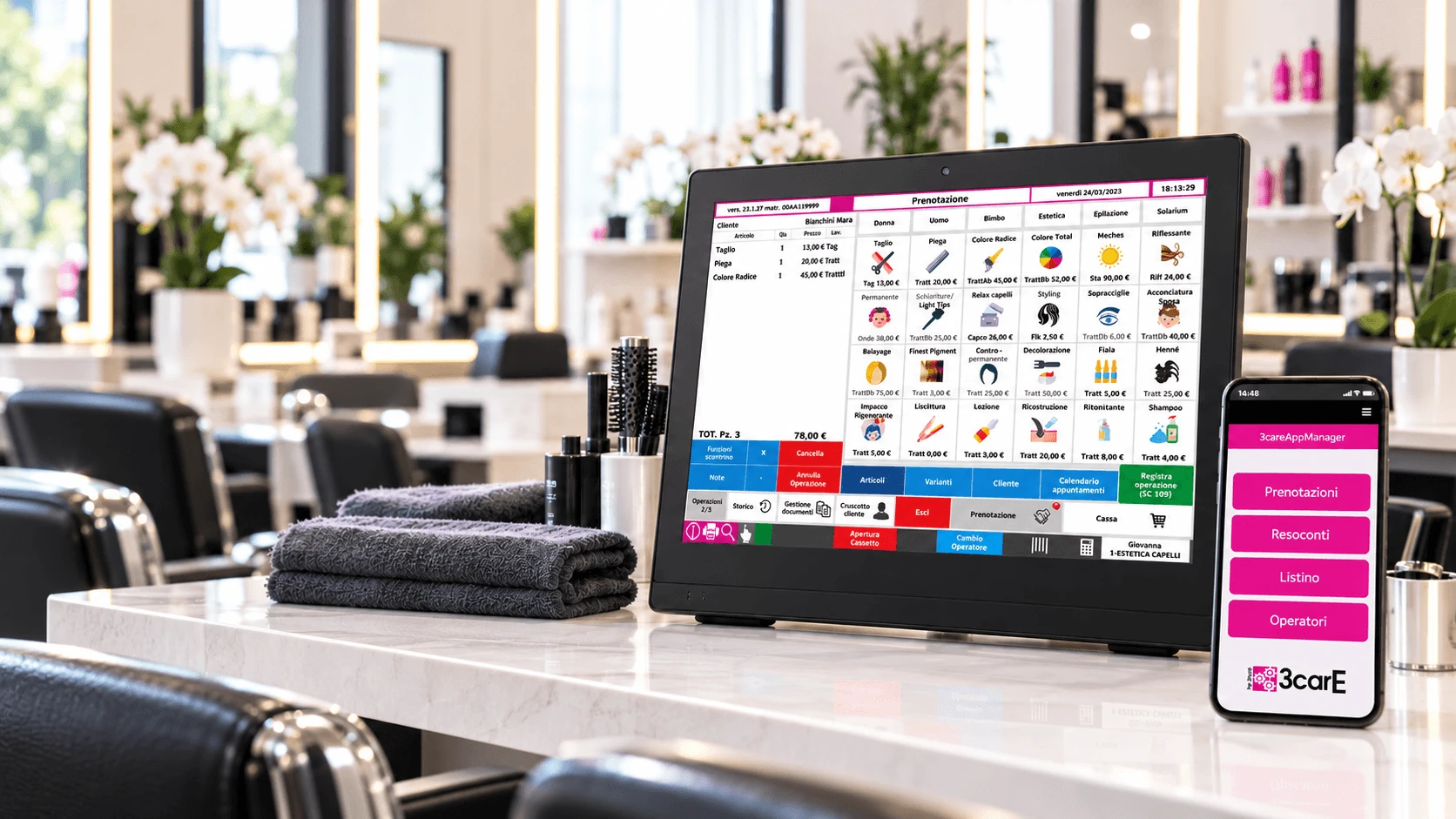 Visuale del gestionale 3care su monitor e smartphone in un salone.