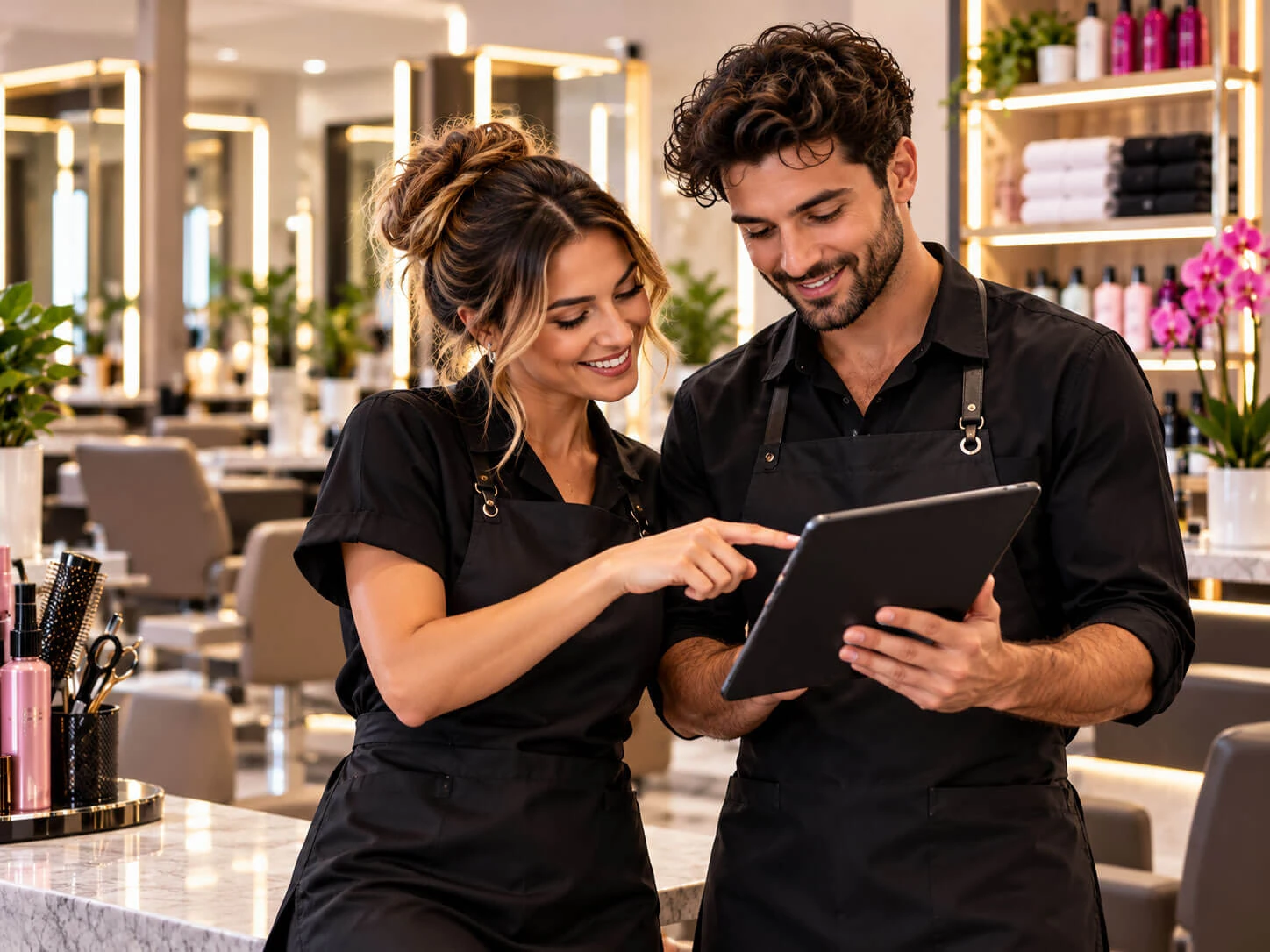 Due operatori consultano un tablet in un salone.