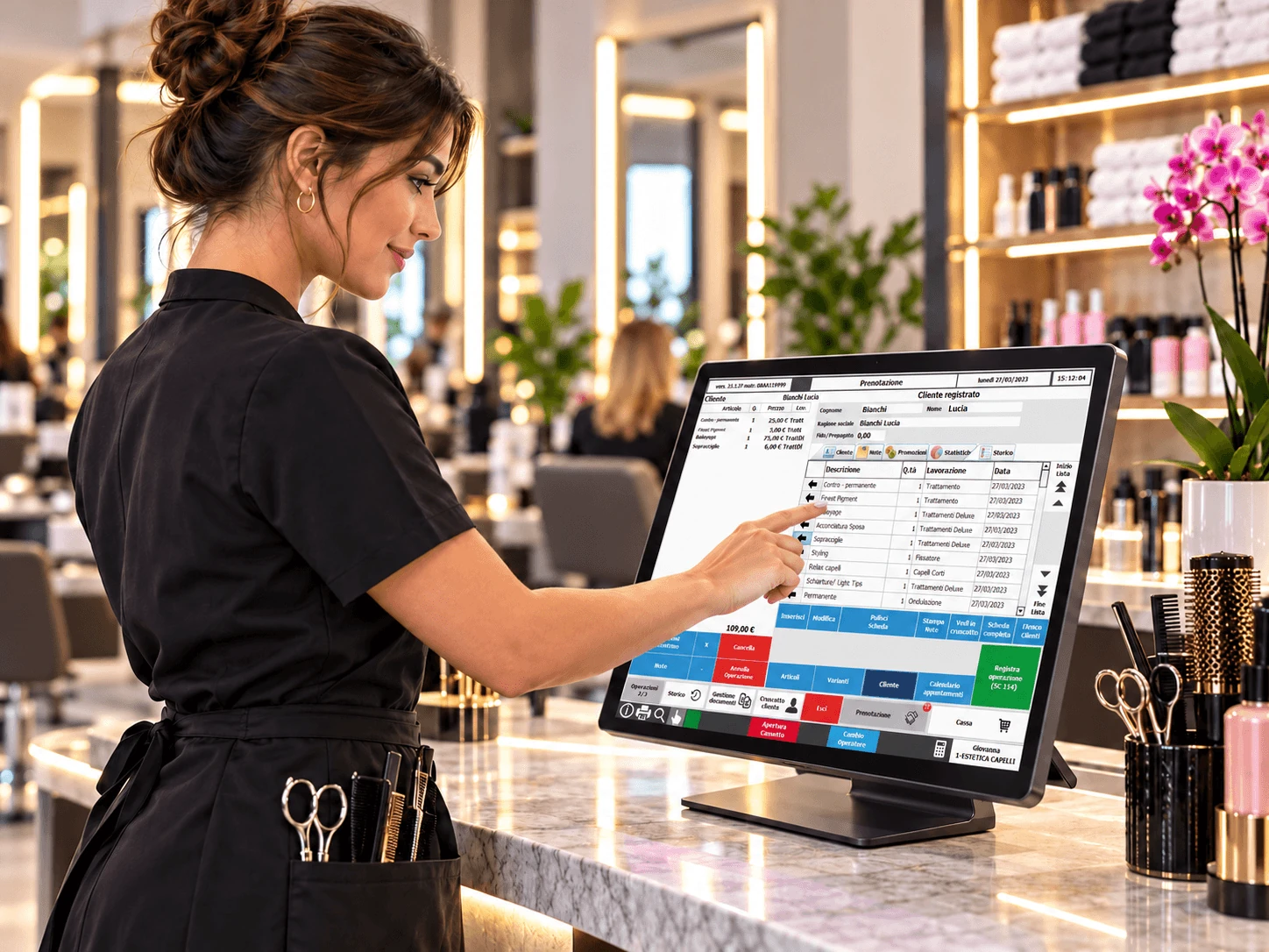 Una persona usa lo schermo touch per gestire una prenotazione in salone.